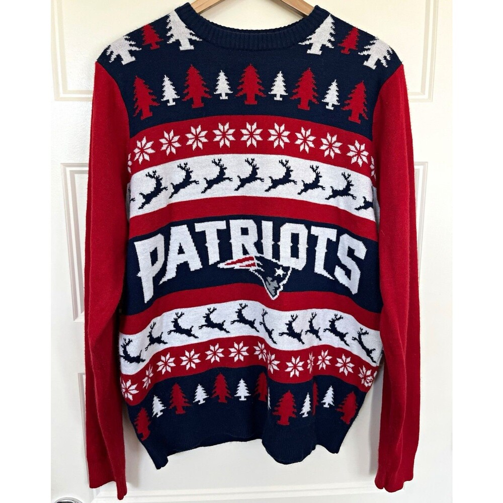 New England Patriots Ugly Holiday Christmas Knit Pullover Sweater Navy Red NFL L